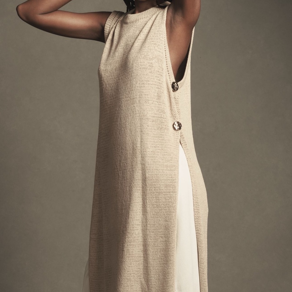 Anthropologie Flat White Side-Button Sweater Tank Tunic Neutral Lt Beige OS NWT